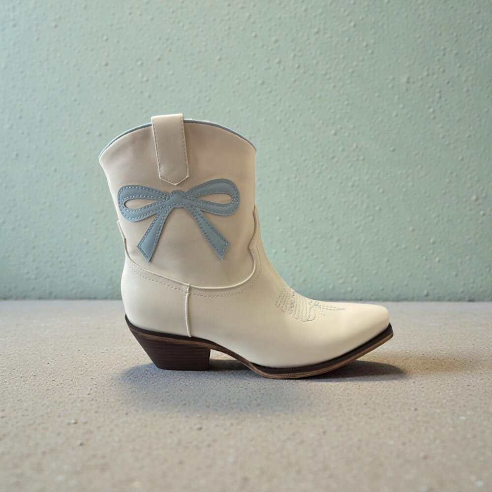 🤍 Marfa Boots — Cream Western Boot with Blue Bow — Women’s